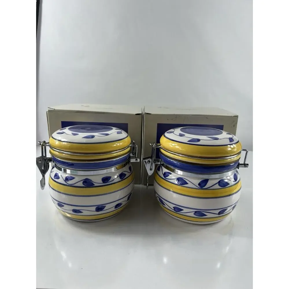 Set of 2 Hand Painted Ceramic Canisters with Clamp Lids 6.5” Blue Yellow
